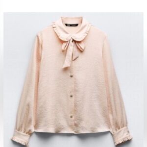 Ruffled Bow Collar Blouse in Light Peach